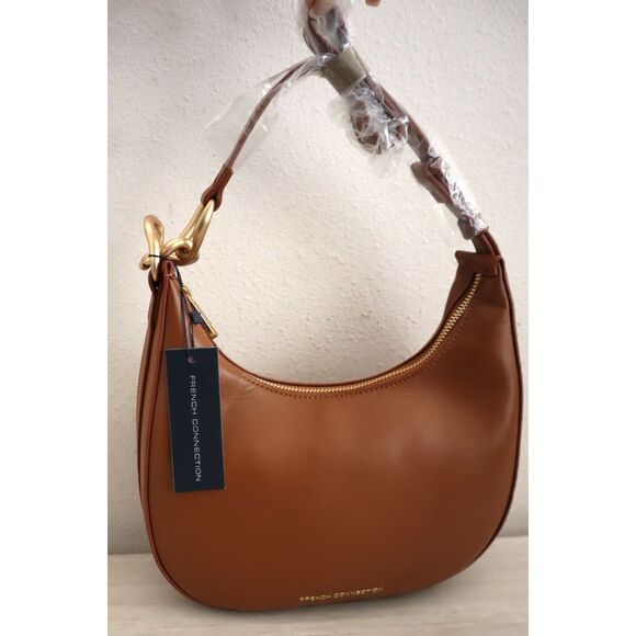 French Connection Cognac PU Leather Moritz Textured Smooth Hobo Shoulder Bag - Picture 1 of 14